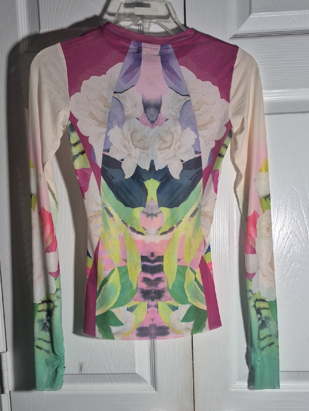 AFRM Kaylee Mesh Floral Tee XS Long Sleeve Mirror Print Sheer Tropical T-shirt - Picture 4 of 4